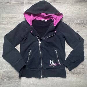 Roxy Y2K Black Asymmetrical Zip Hoodie Pink Graphic Print Sweatshirt XSmall